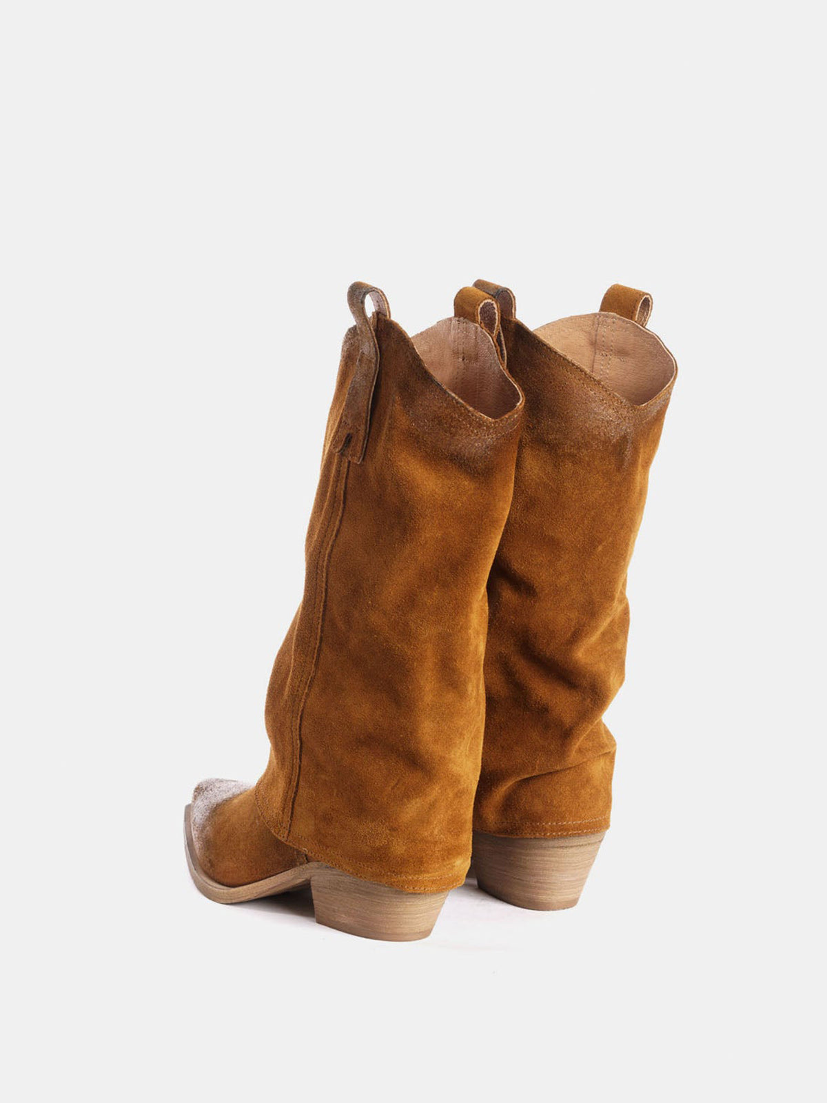 Brown Faux Suede Snip-Toe Mid Calf Fold-Over Cowgirl Boots