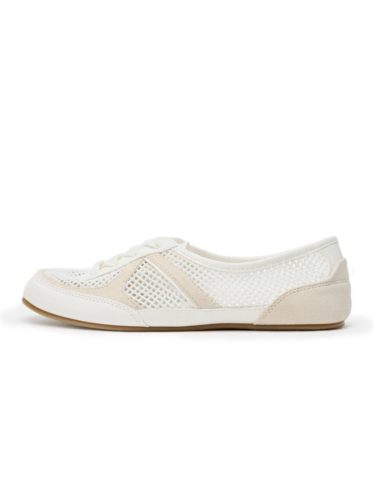 White Faux Suede And Mesh Round-Toe Lace-Up Flats Sneakers