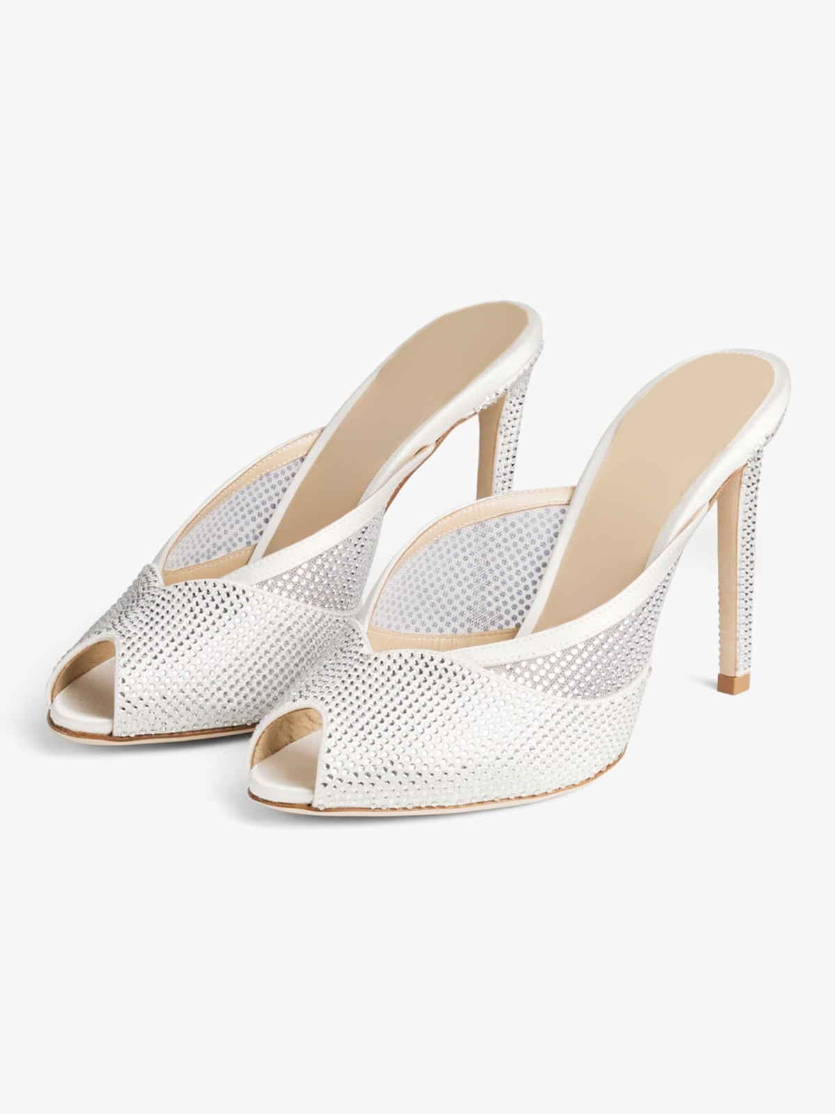 Ivory Satin And Crystals Mesh Peep Round-Toe Slip-On Mules High Heels