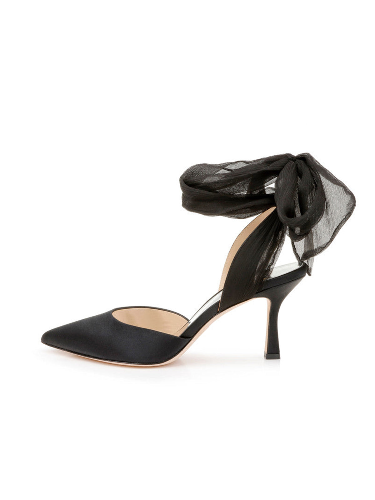 Black Satin Pointed-Toe Back Strap And Ankle Bow Strap High Heels