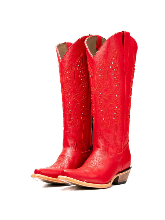 Western Snip-Toe Embroidery Half-Zip Knee High Cowgirl Boots - Bright Red