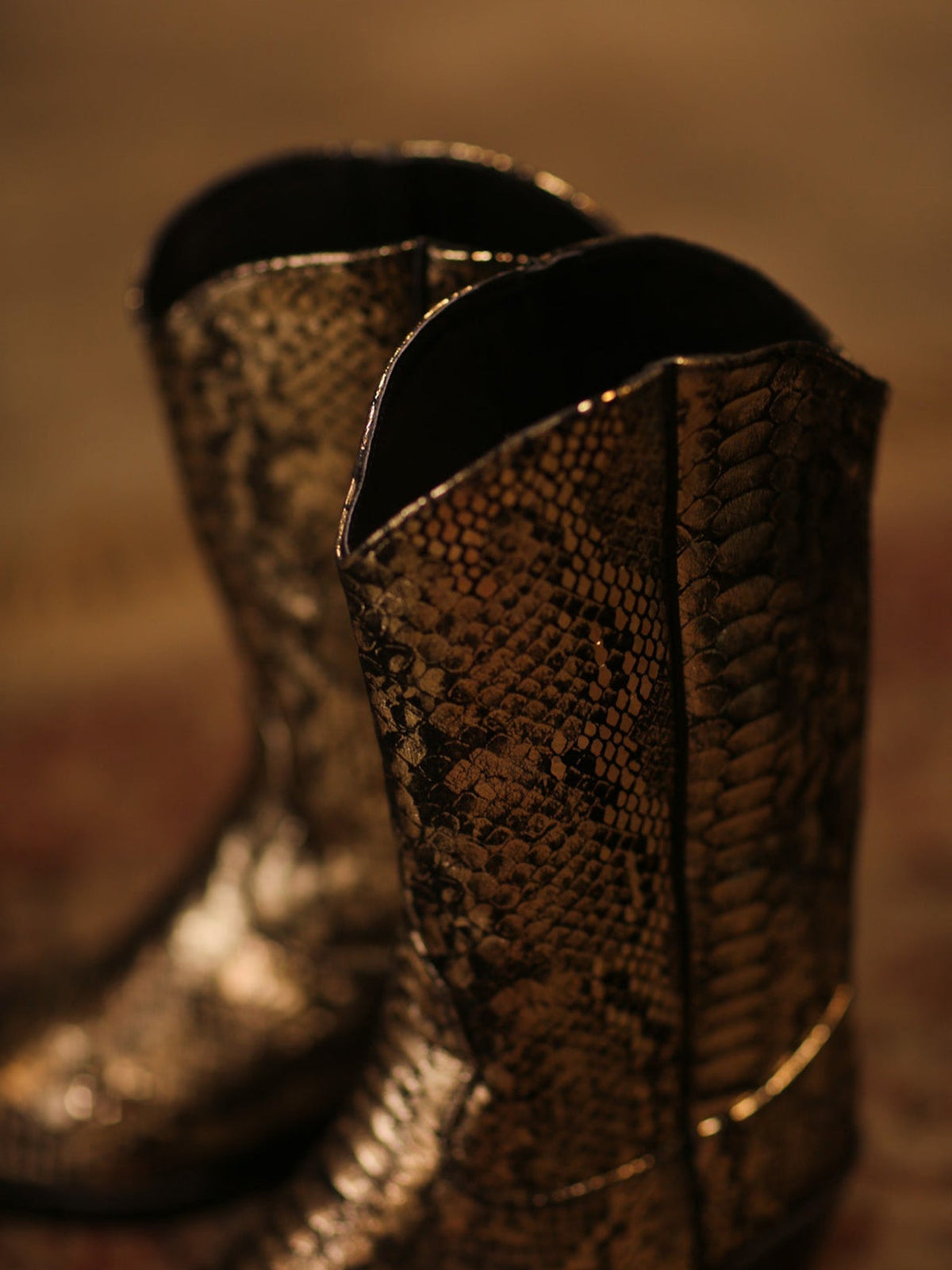Metallic Snakeskin Print Round-Toe Back Full-Zip Simple Cowgirl Boots