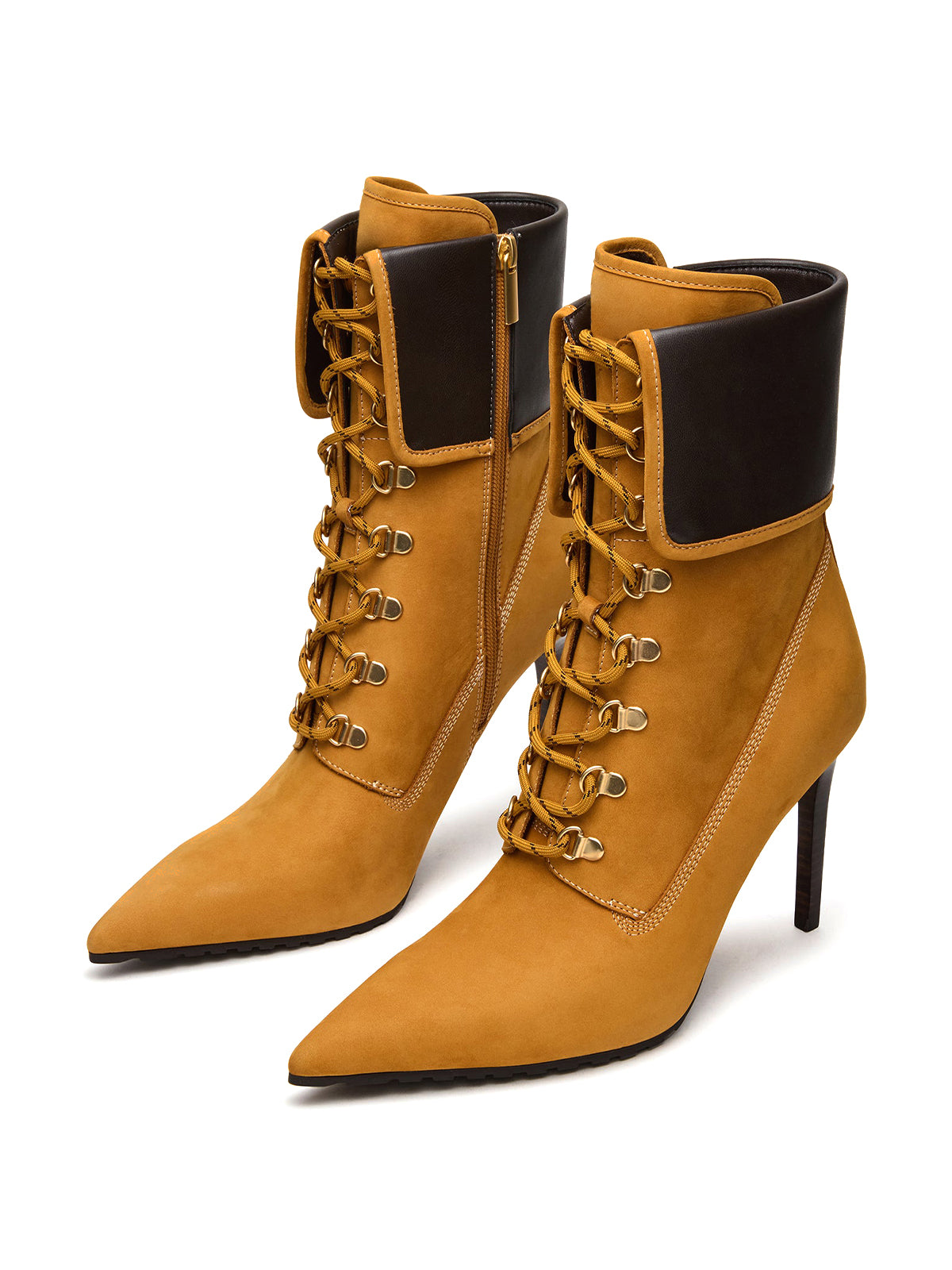 Tan Pointed-Toe Lace-Up Chic Ankle Stiletto Boots