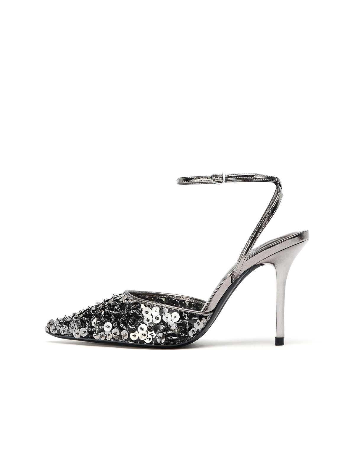 Metallic Silver Sequin Pointed-Toe Ankle Strap High Heels