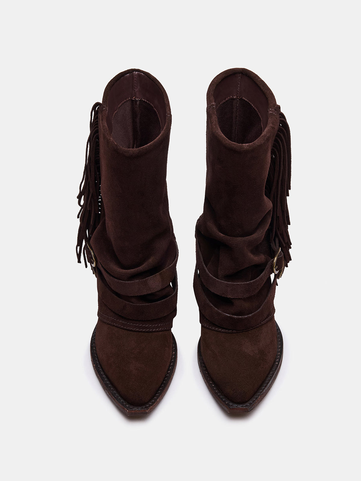 Brown Faux Suede Pointed-Toe Fold-Over Fringe Cowgirl Ankle Boots
