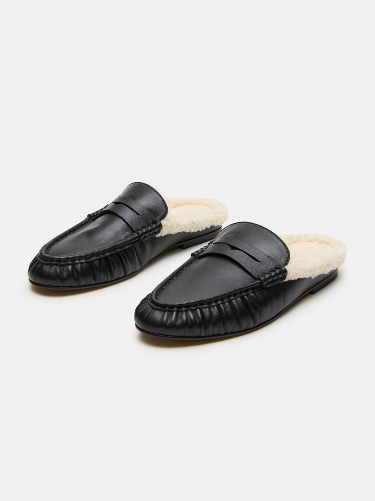 Black Vegan Leather And Plush Round-Toe Backless Simple Flats