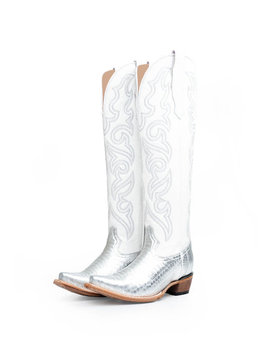 Silver Snakeskin Print And White Vegan Leather Snip-Toe Embroidery Half-Zip Knee High Cowgirl Boots