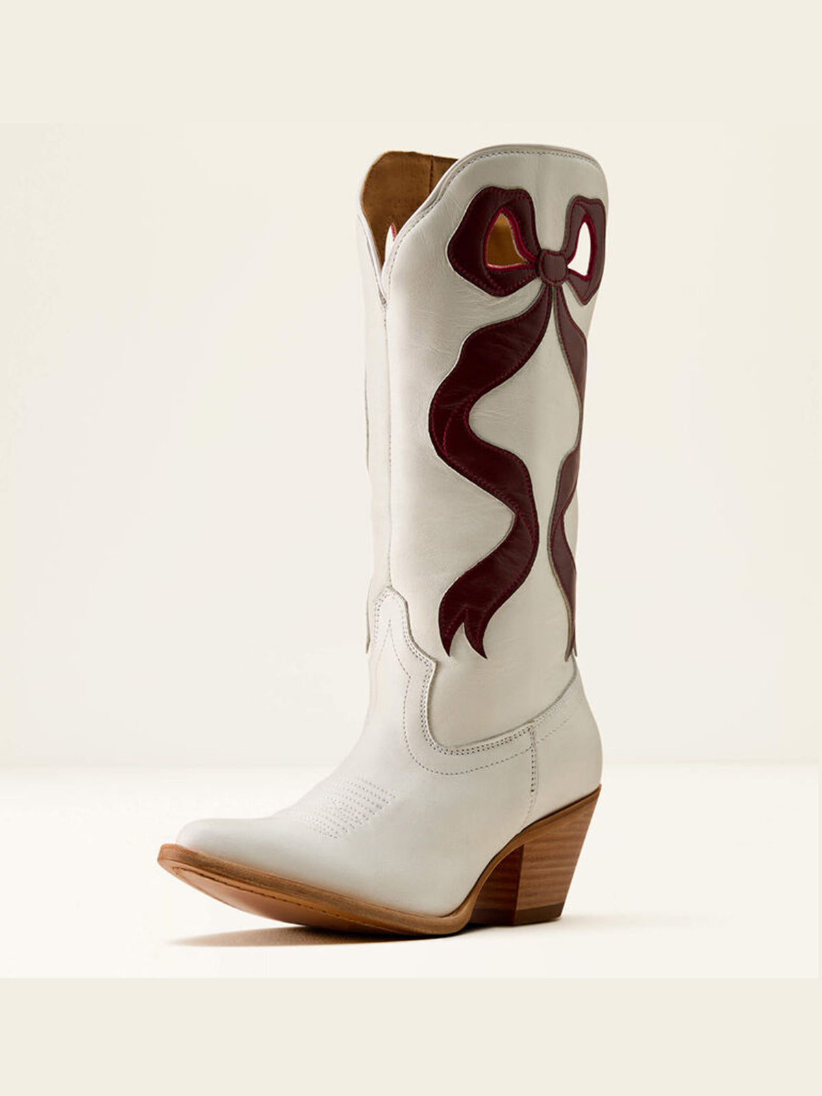 Ivory Almond-Toe Maroon Side Big Bow Applique Mid Calf Cowgirl Boots