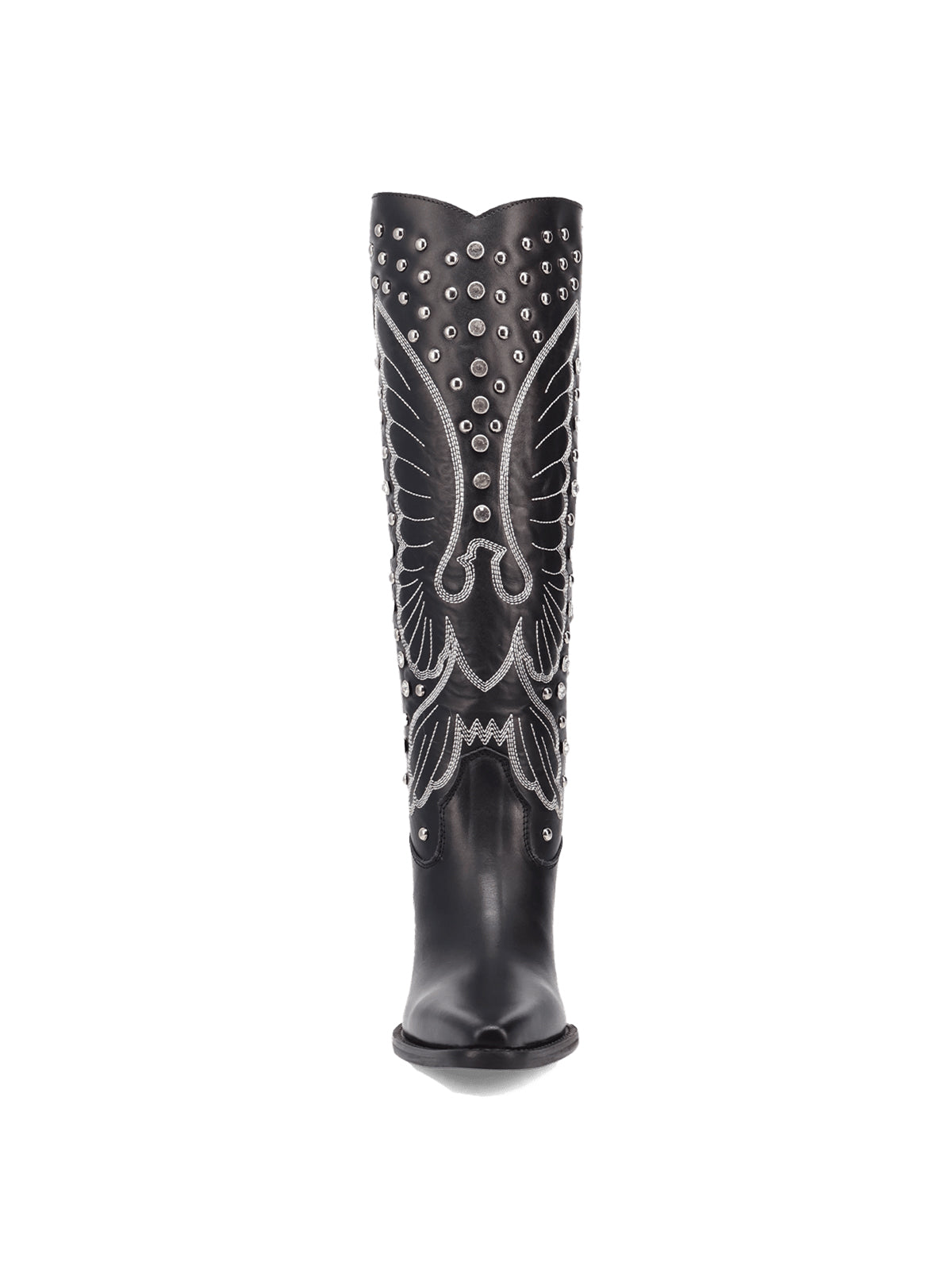 Black Snip-Toe Big Bird Embroidery And Studs Wide Calf Knee High Cowgirl Boots