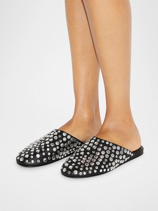 Black Round-Toe Studded Mule Flats