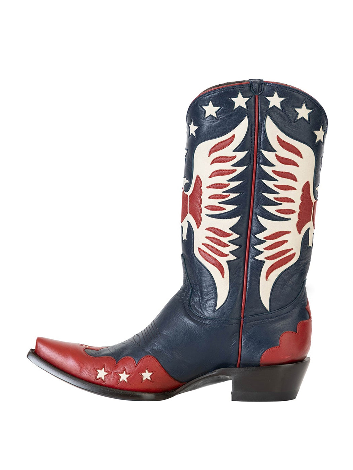 Navy Snip-Toe Ivory Eagle And Star Inlay Chic Mid Calf Cowgirl Boots