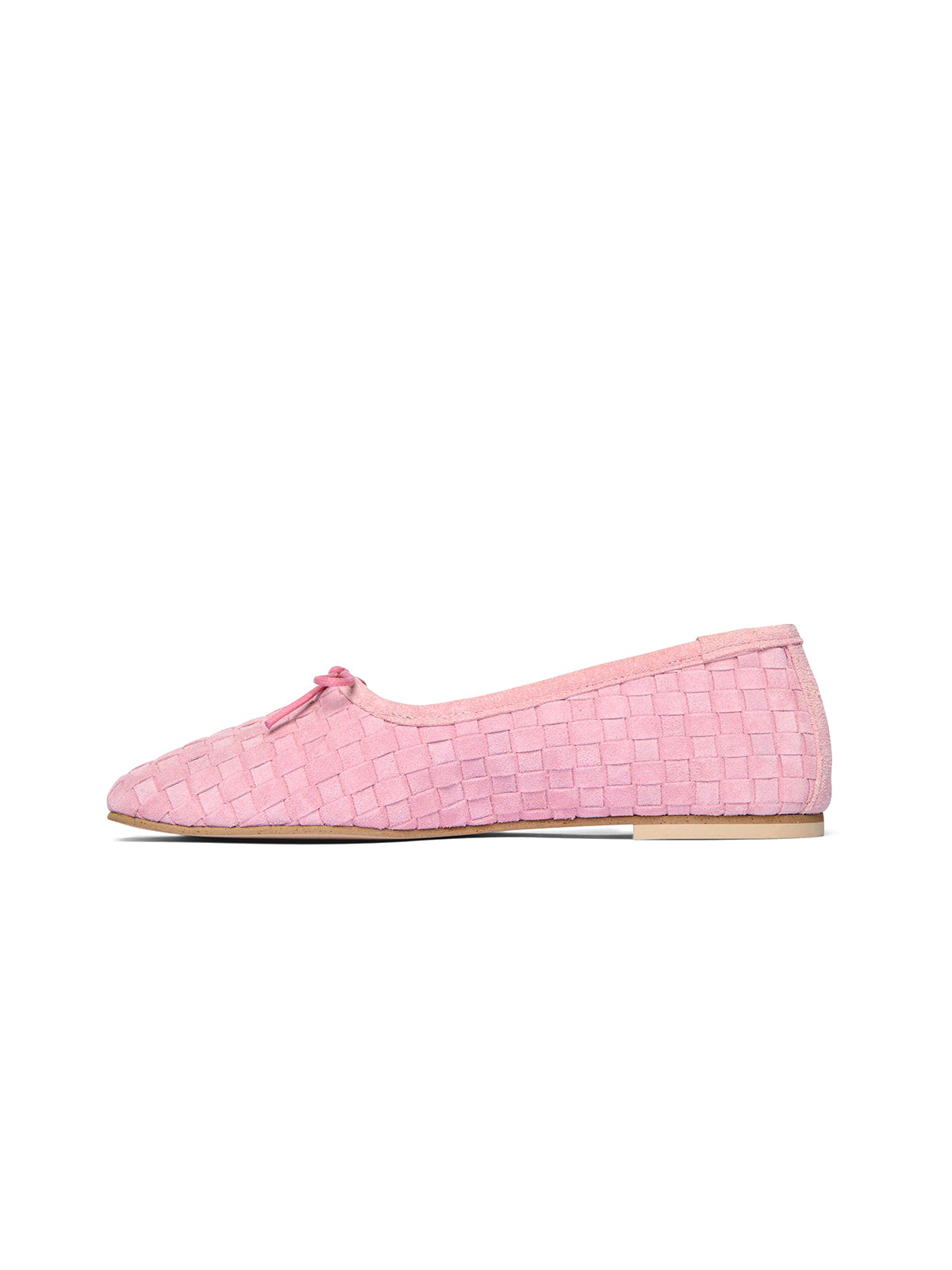 Pink Woven Faux Suede Square-Toe Front Bow Ballet Flats