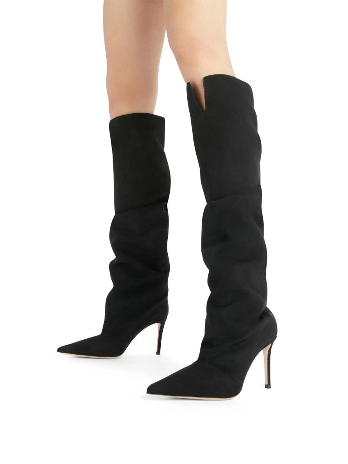 Black Faux Suede Pointed-Toe Sleek Wide Calf Knee High Stiletto Boots