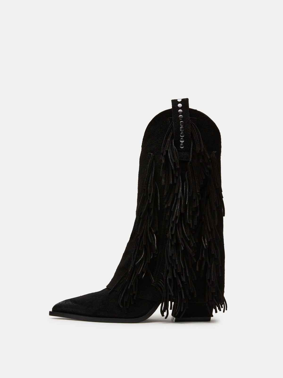 Black Faux Suede Pointed-Toe Full Fringe Fold-Over Mid Calf Cowgirl Boots