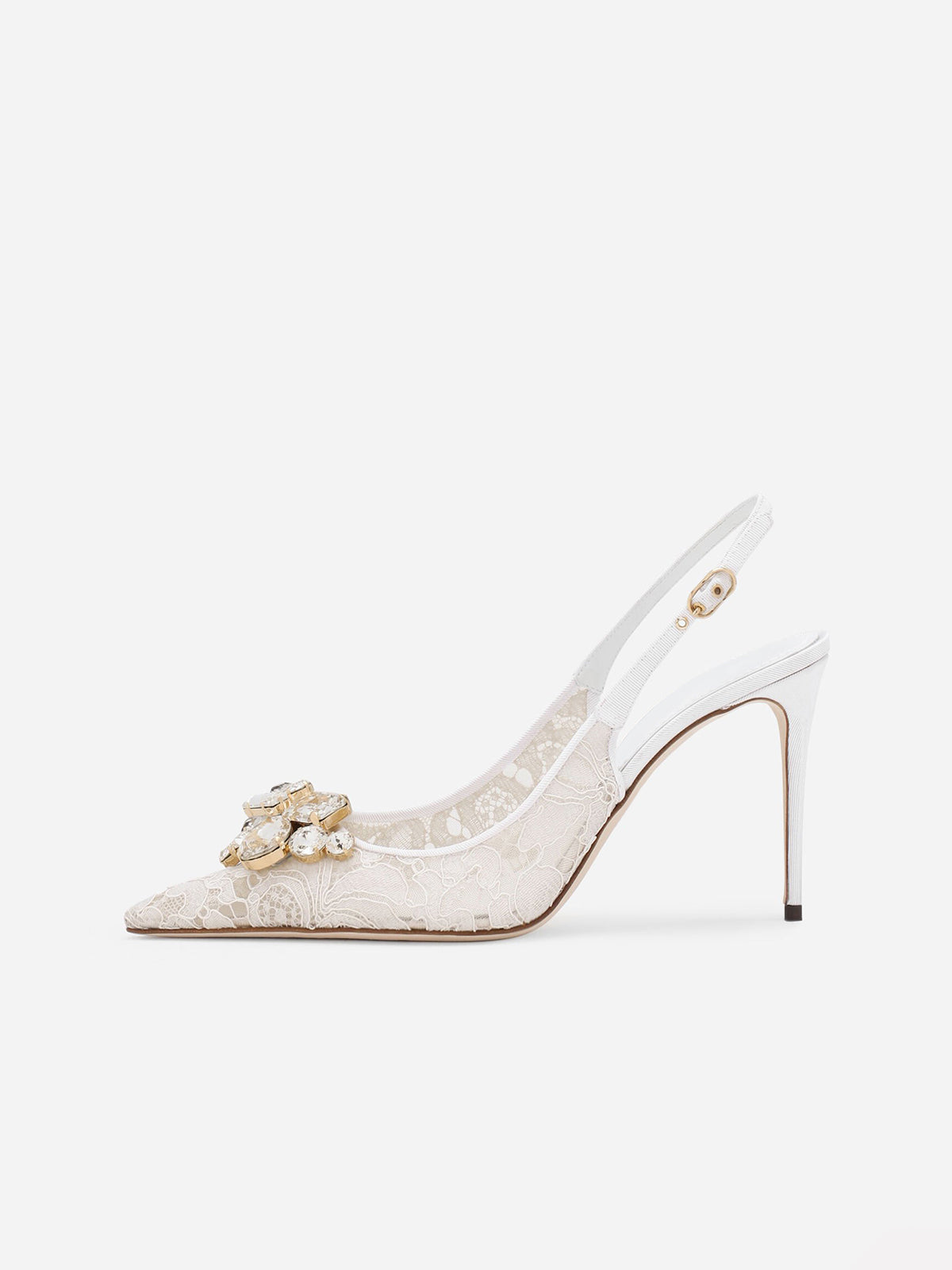 Ivory Lace Mesh Pointed-Toe Front Crystals Slingback High Heels Pumps