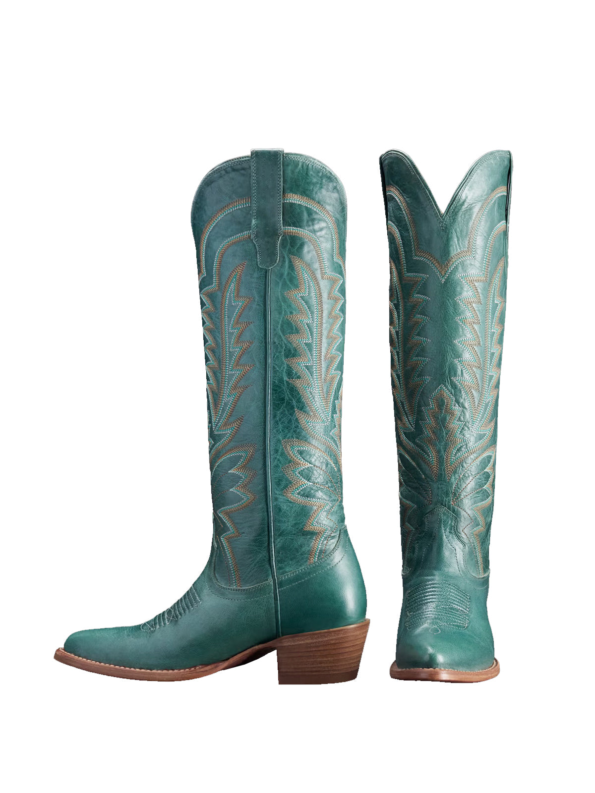 Western Embroidery Almond-Toe Tall Knee High Cowgirl Boots - Green