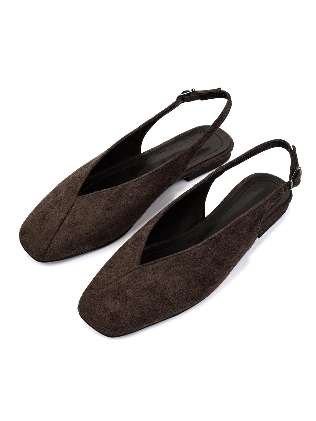 Coffee Faux Suede Square-Toe Classic Buckle Back Strap Slip-On Flats