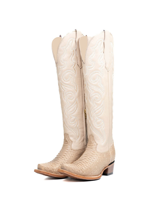 Beige Snakeskin Print And Vegan Leather Snip-Toe Embroidery Half-Zip Knee High Cowgirl Boots