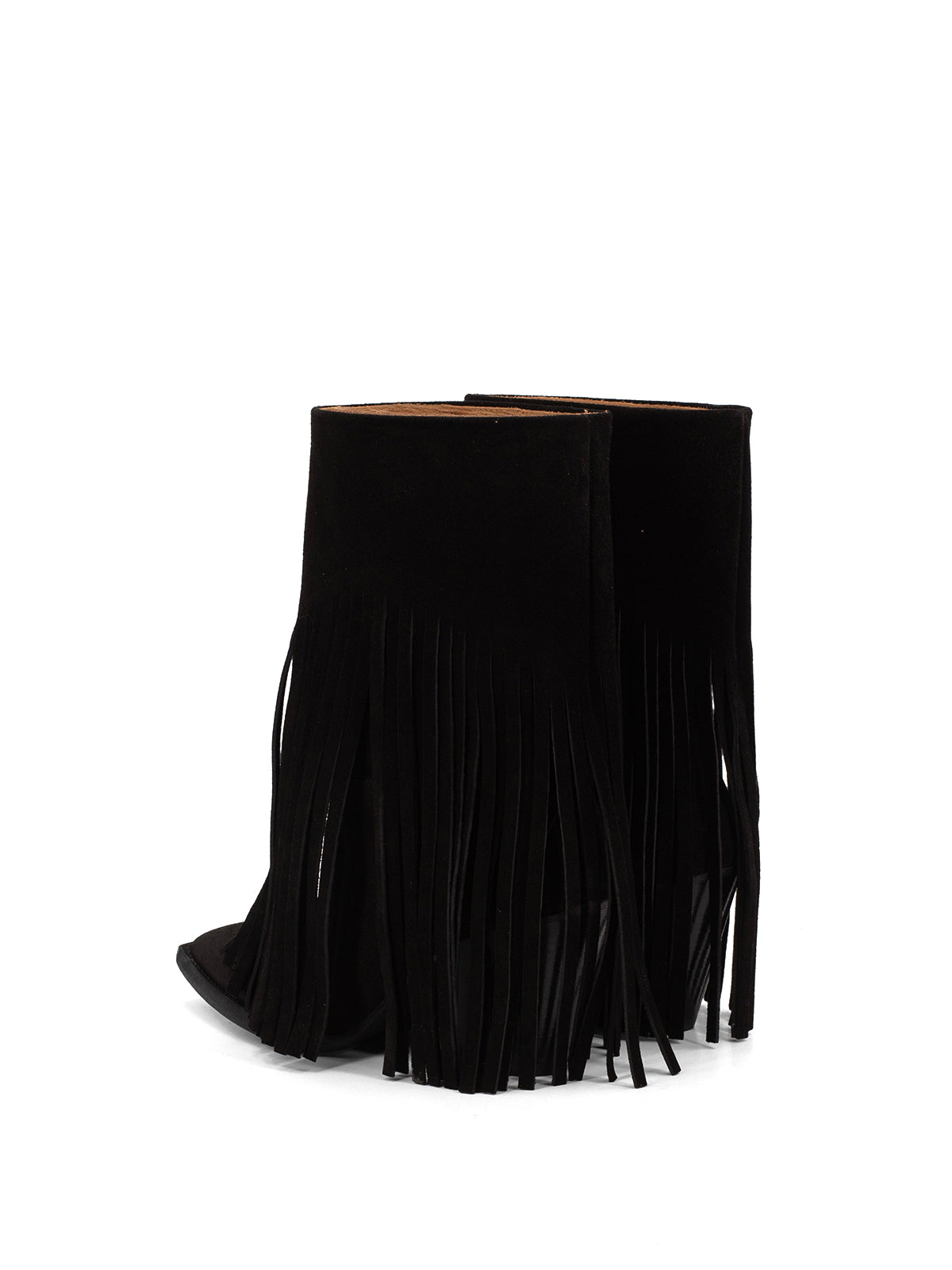 Black Faux Suede Pointed-Toe Fringe Mid Calf Cowgirl Boots