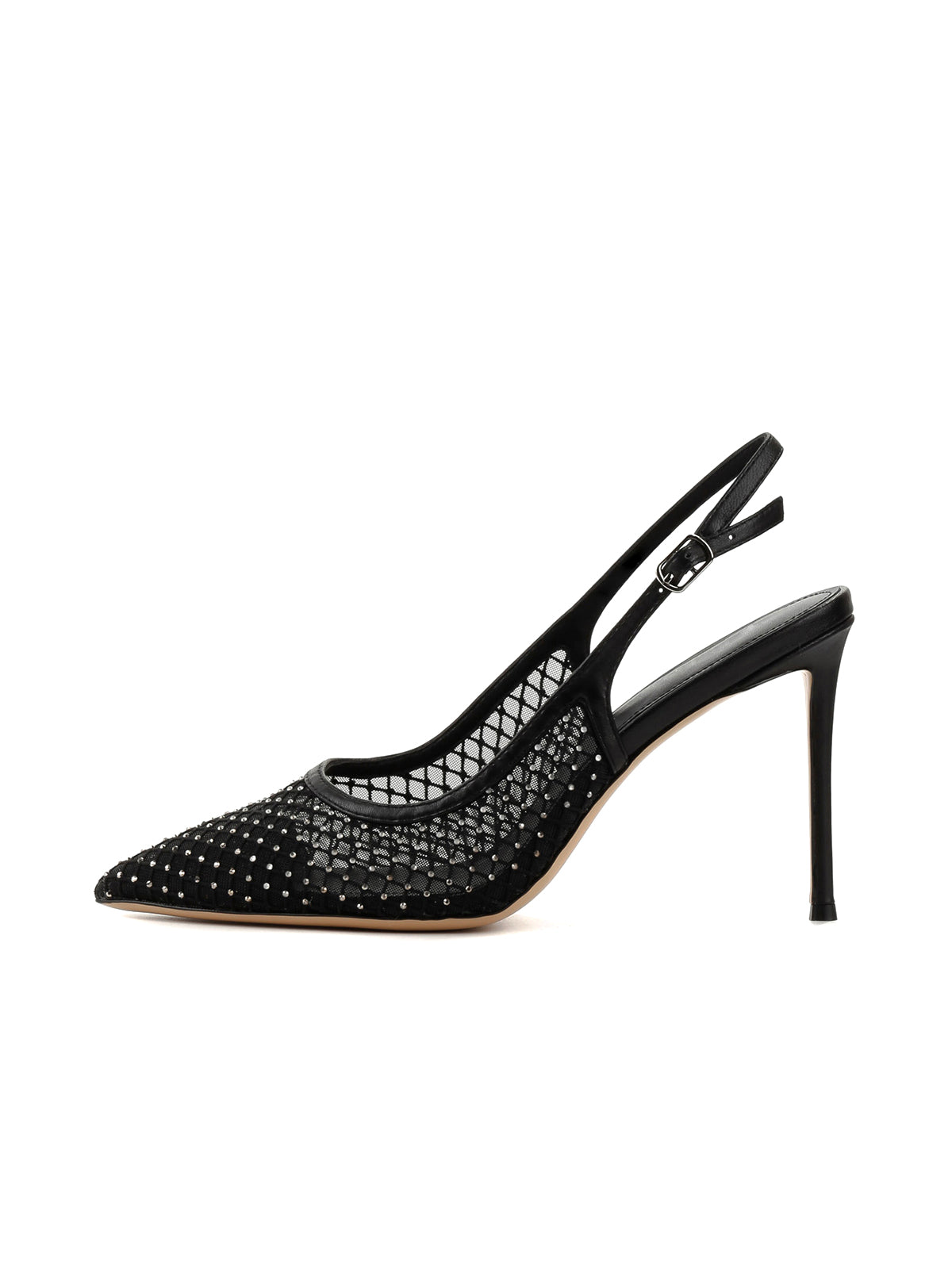 Black Mesh With Rhinestones Pointed-Toe Back Strap High Heels
