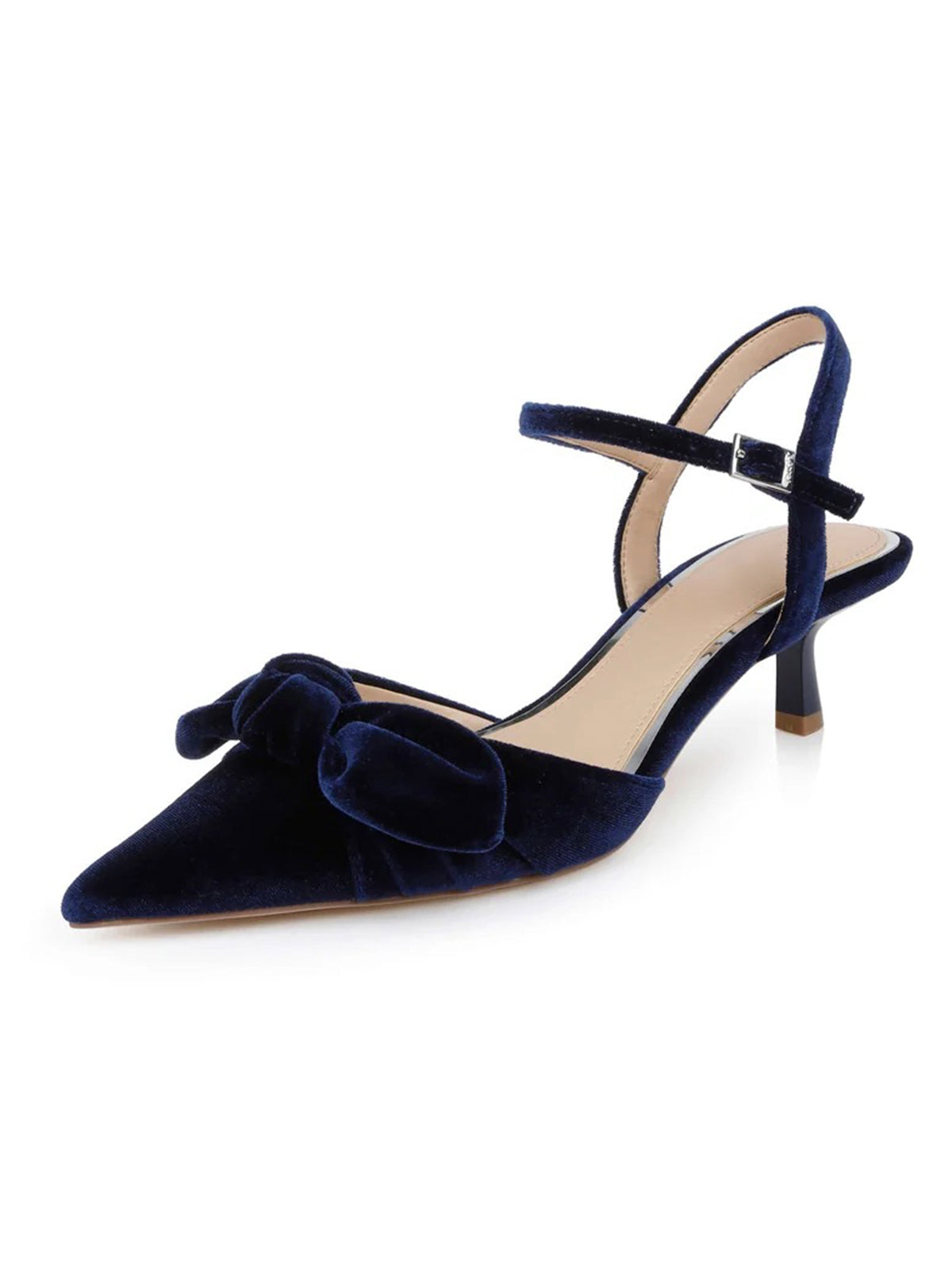 Navy Velvet Pointed-Toe Front Bow Crossed Slingback Chic Kitten Heels