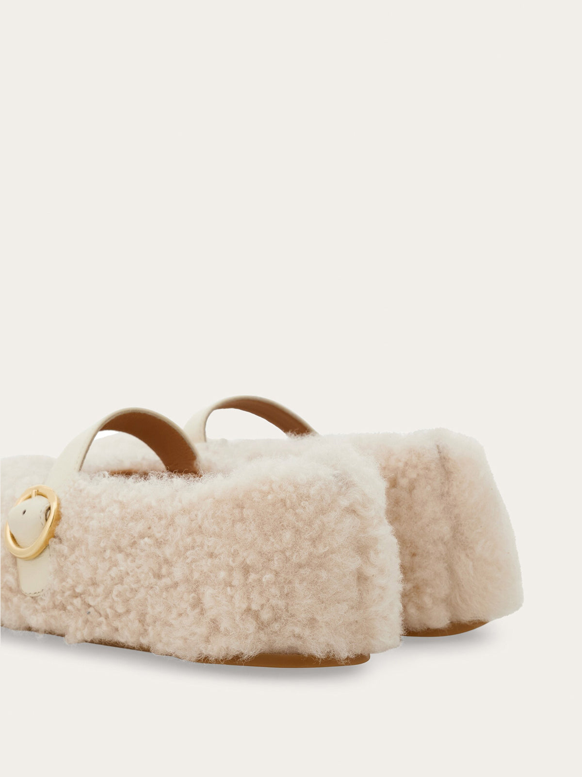 Cream Plush Square-Toe Vegan Leather Bridge Strap Ballet Flats