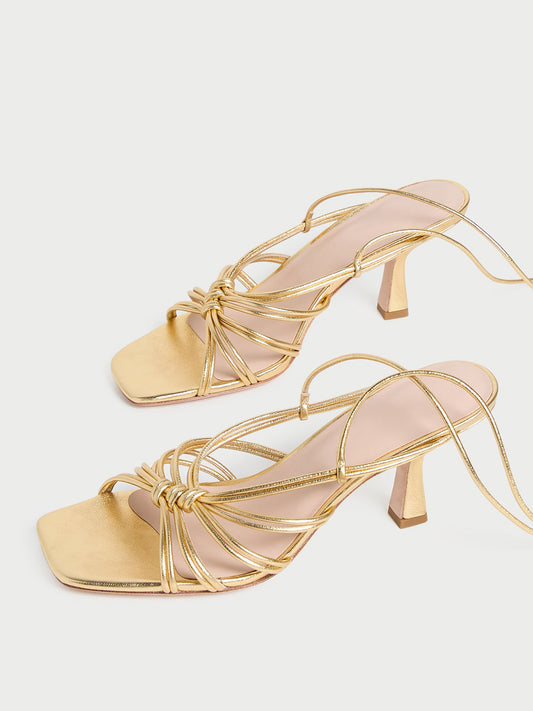 Metallic Gold Square-Toe Lace-Up Kitten Heels