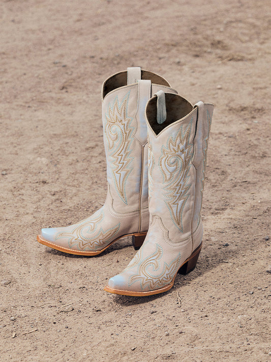 Flames Embroidery Snip-Toe Sleek Mid Calf Cowgirl Boots - Ivory