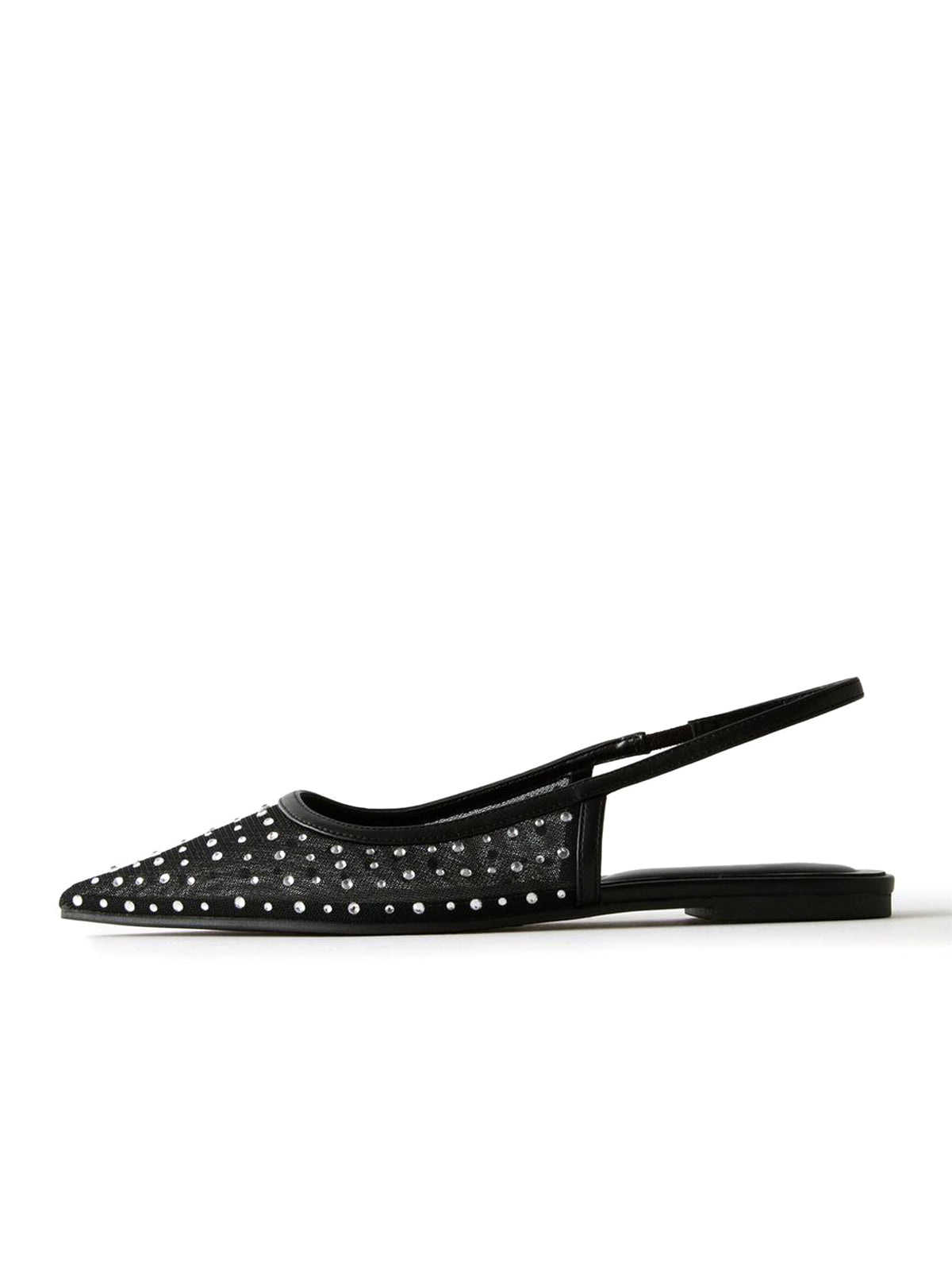 Black Mesh Rhinestone Pointed-Toe Slingback Flats