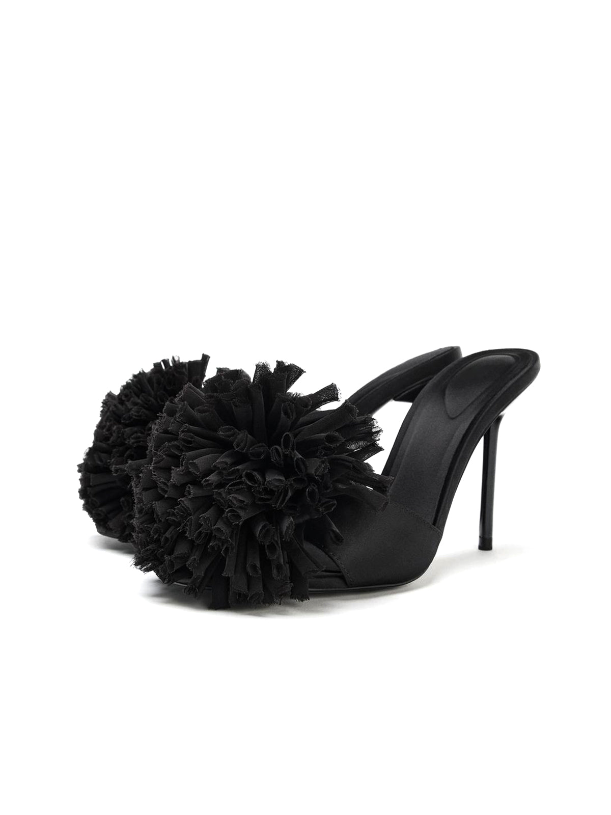 Black Satin Pointed-Toe Front Maxi Pompom Backless High Heels