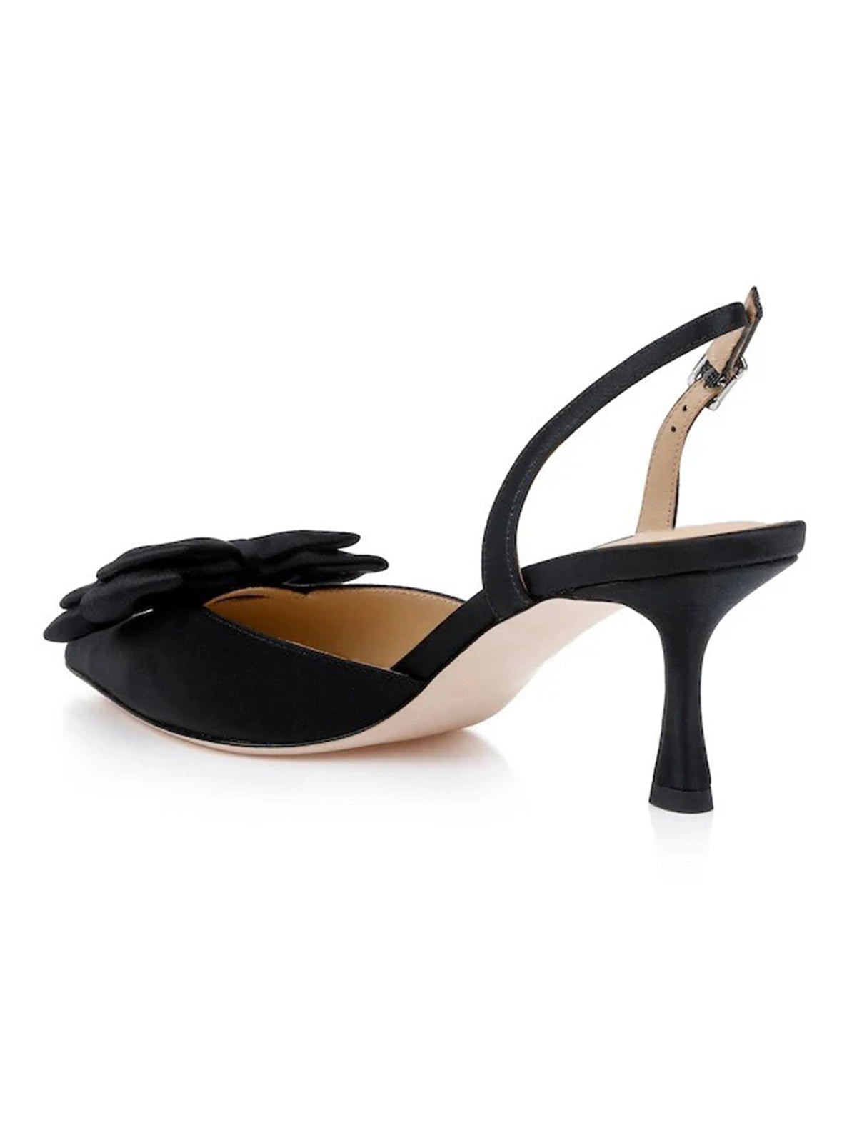 Black Satin Pointed-Toe Front Double Bows Slingback High Heels
