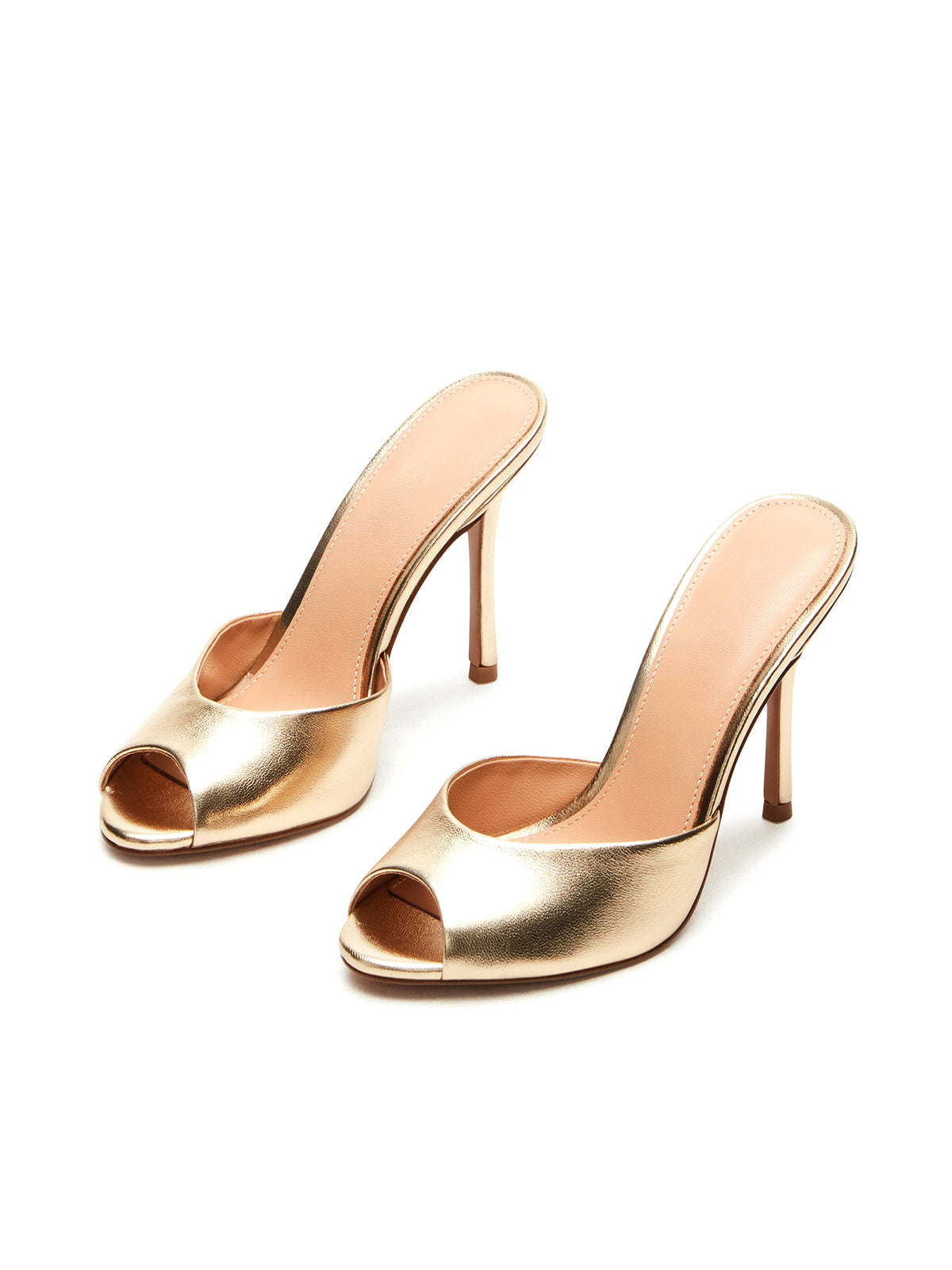 Златни металически обувки на висок ток с кръгли пръсти и гол гръб 