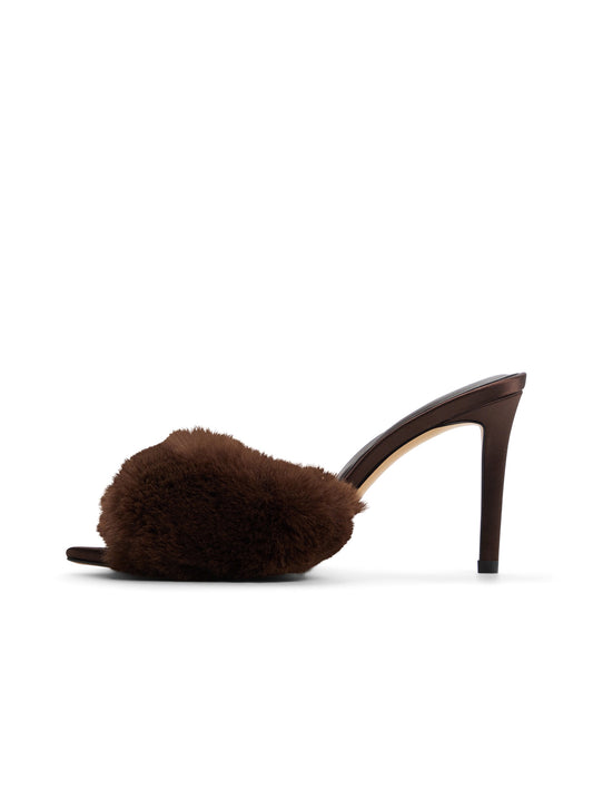 Dark Brown Pointed-Toe Front Plush Slip-On Backless High Heels
