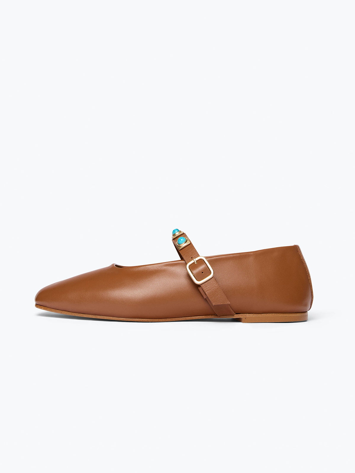 Brown Square-Toe Bridge Strap With Turquoise Stones Mary Jane Flats