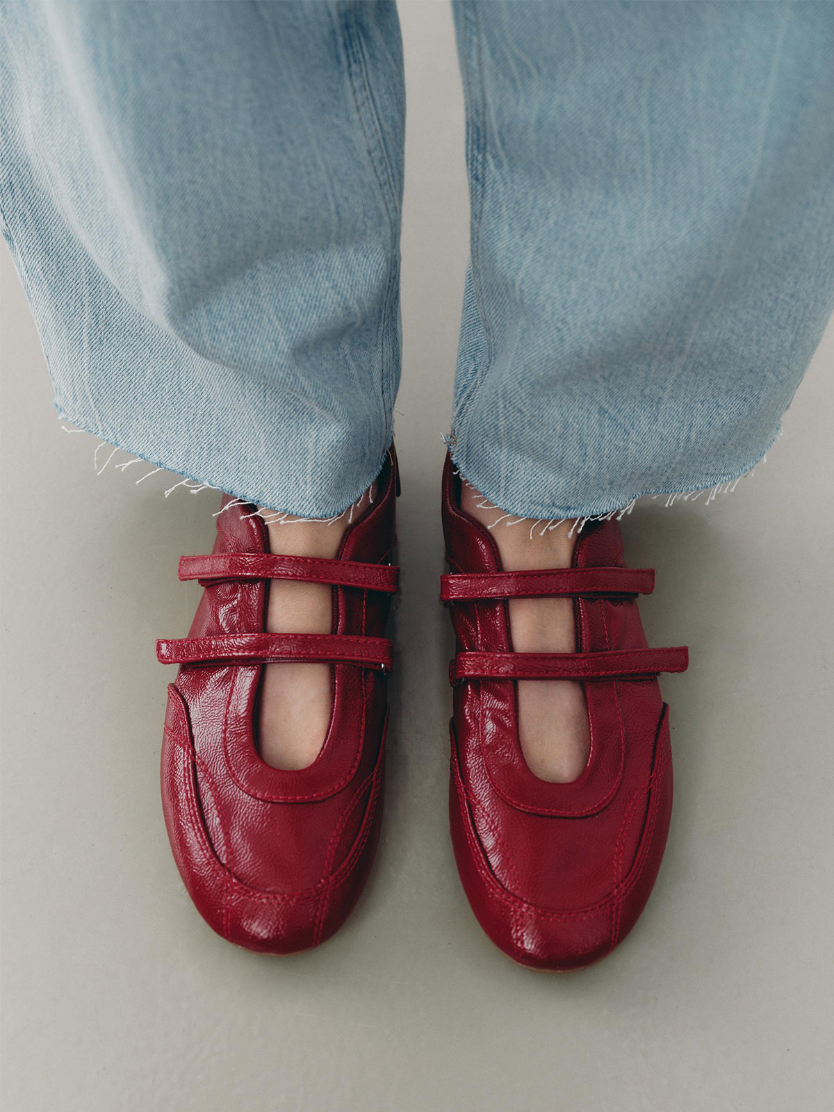 Red Round-Toe Double Adjustable Straps Ballet Flats
