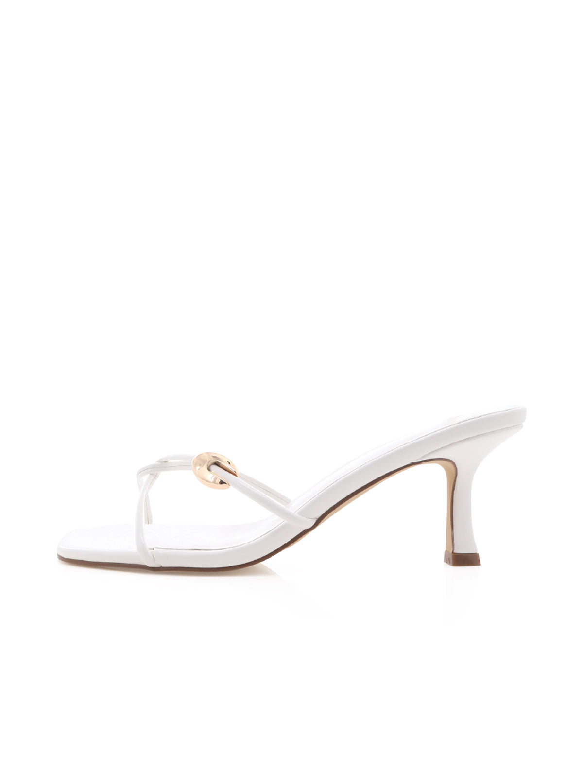 White Open Square-Toe Three Thin Straps Backless Kitten Heels