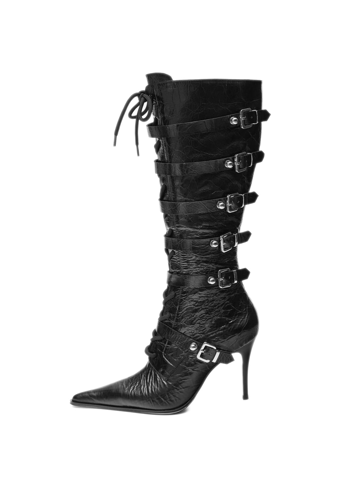 Distressed Black Pointed-Toe Lace-Up Full-Zip Knee High Stiletto Boots With Buckles