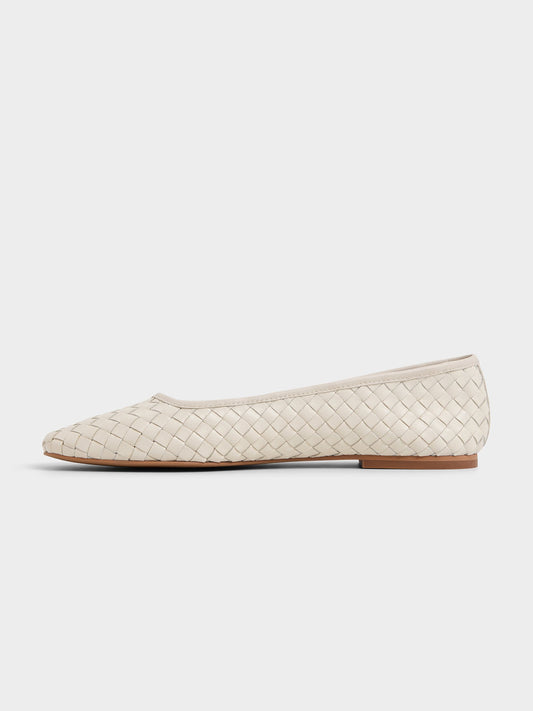 Ivory Woven Vegan Leather Square-Toe Simple And Classic Ballet Flats