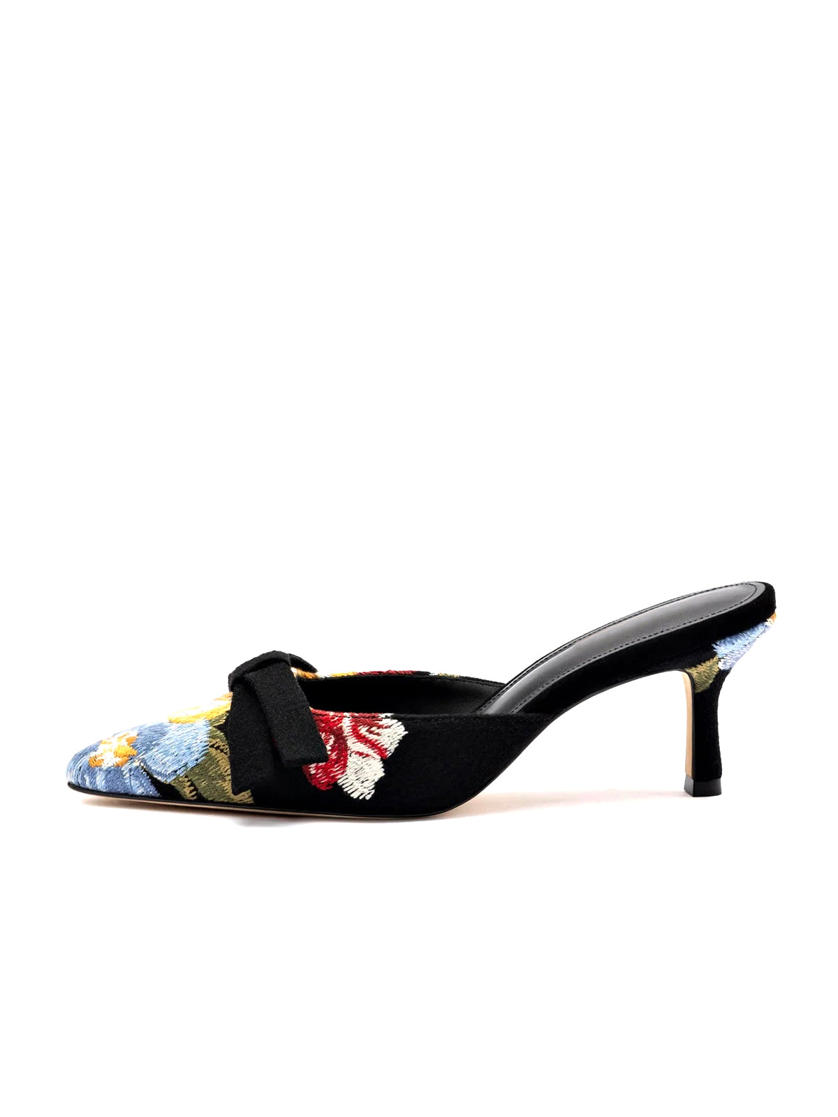 Black Faux Suede Pointed-Toe Big Flower Embroidery Front Bow High Heels