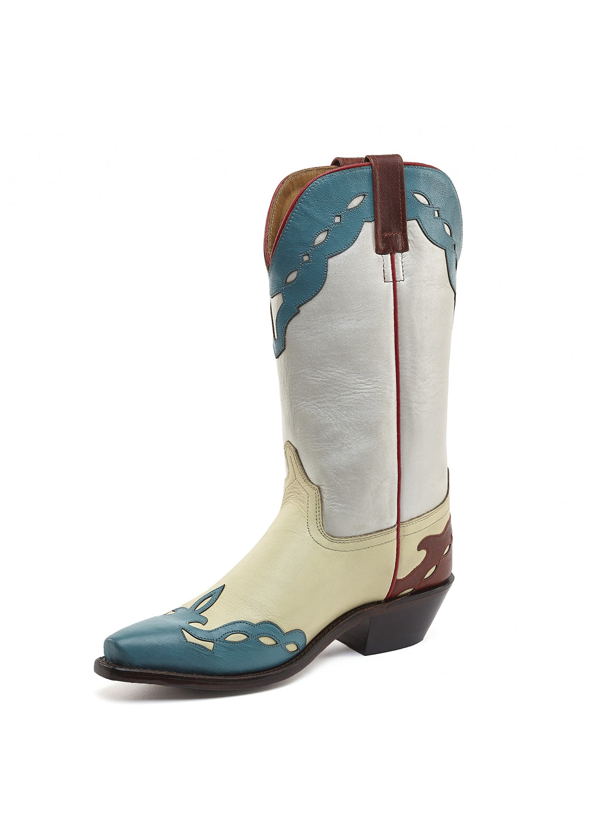Teal And White Snip-Toe Floral Embroidery Mid Calf Cowgirl Boots