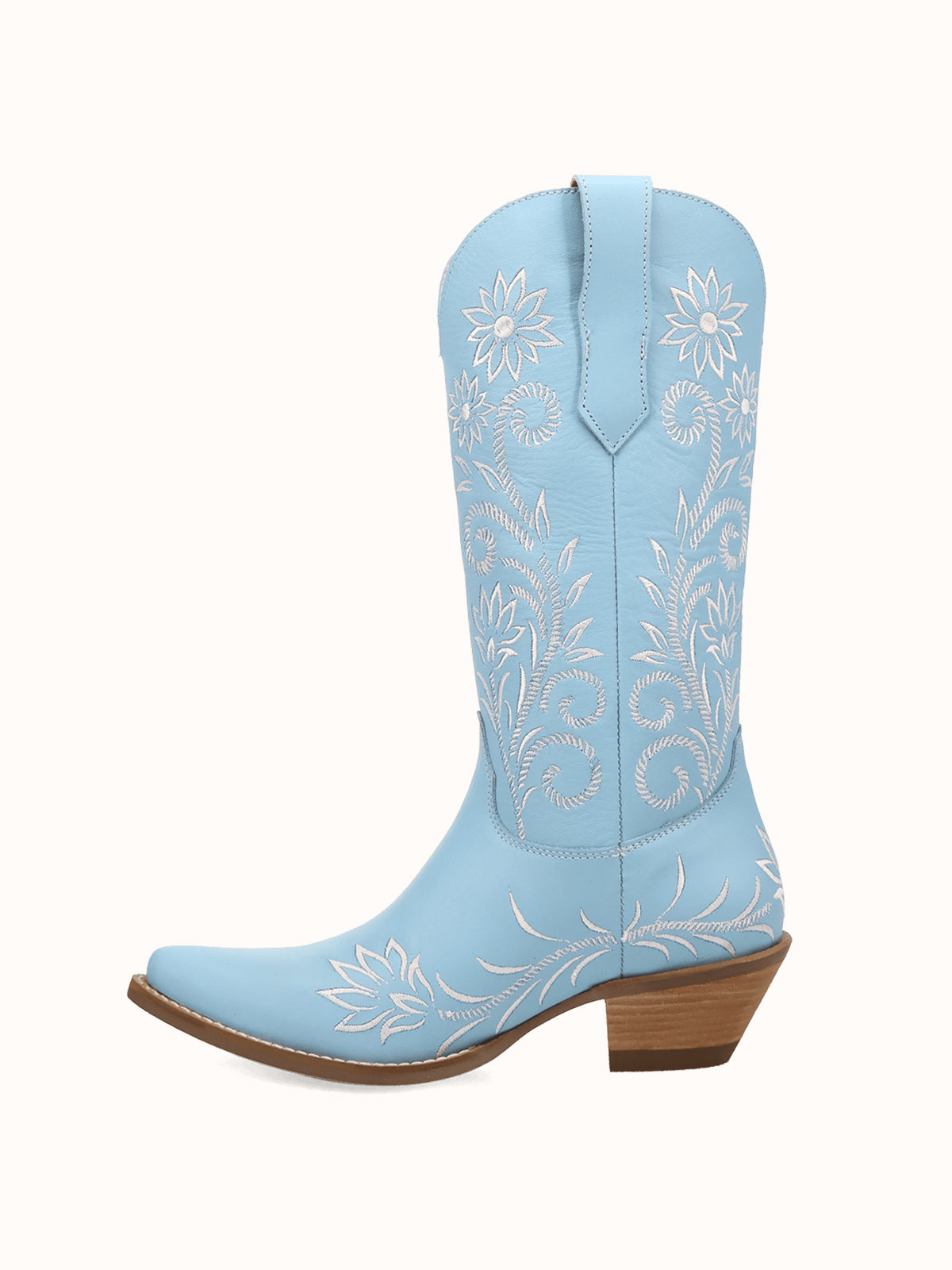 Blue Snip-Toe White Flowers Embroidery Chic Mid Calf Cowgirl Boots