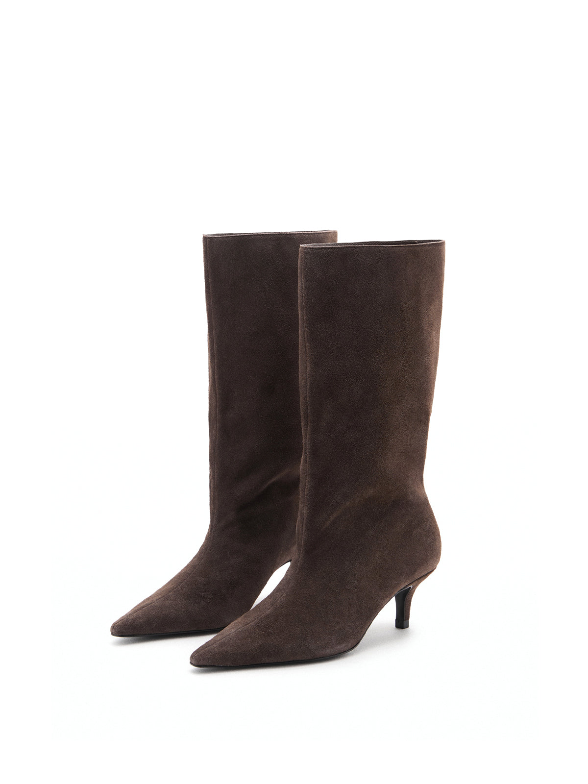 Chocolate Faux Suede Pointed-Toe Slip-On Mid Calf Stiletto Boots
