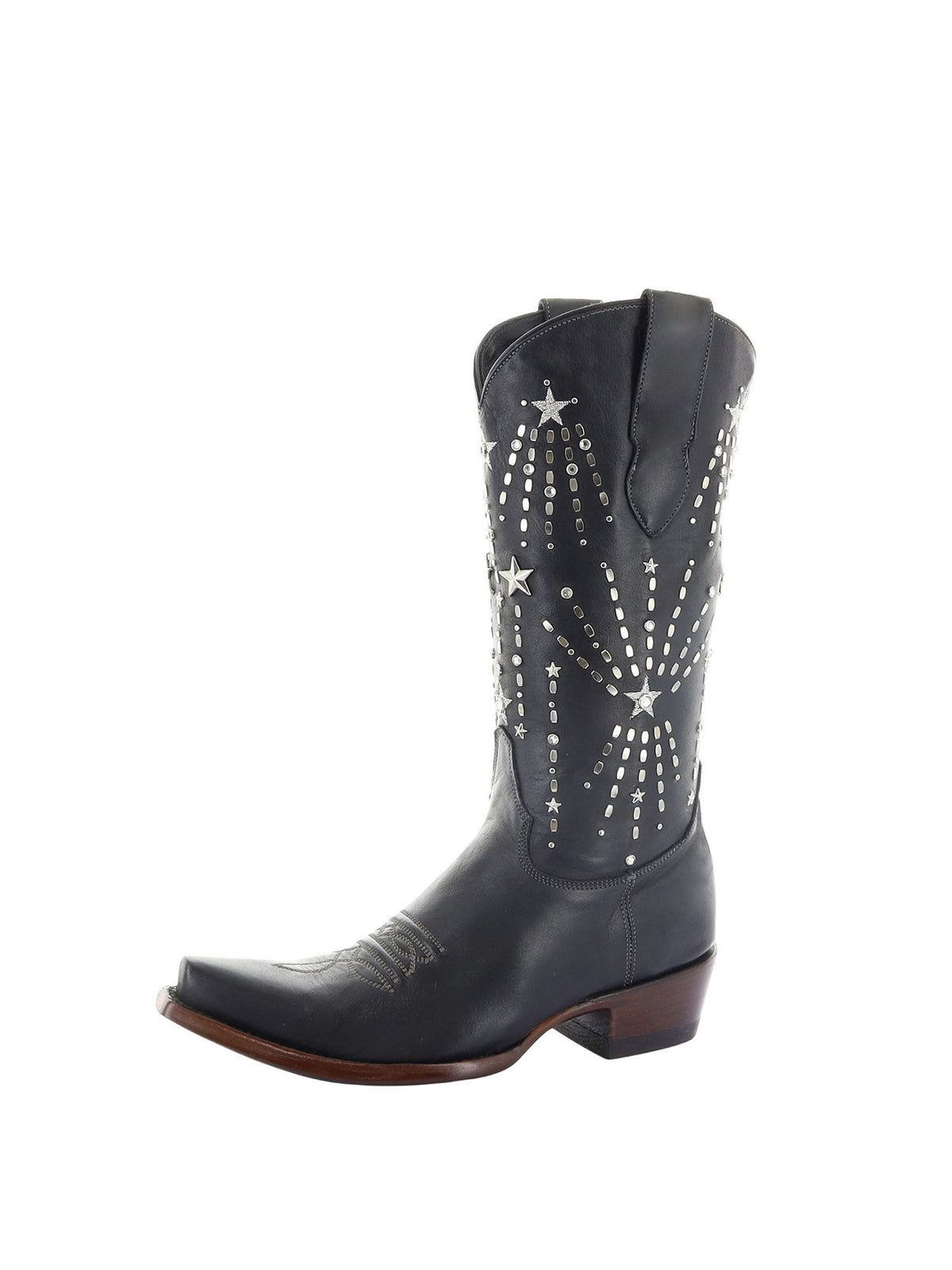 Black Snip-Toe Stars Studs And Crystals Half-Zip Mid Calf Cowgirl Boots
