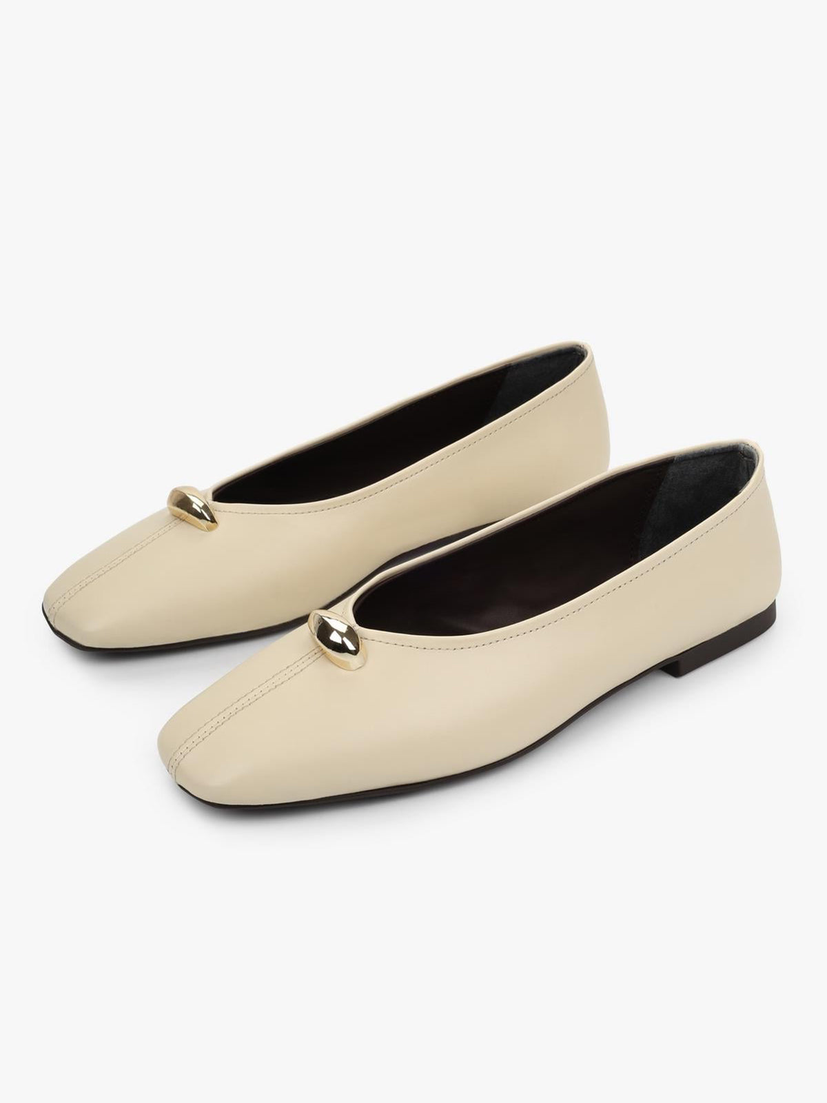 Cream Yellow Square-Toe Front Gold Metal Detail Slip-On Flats
