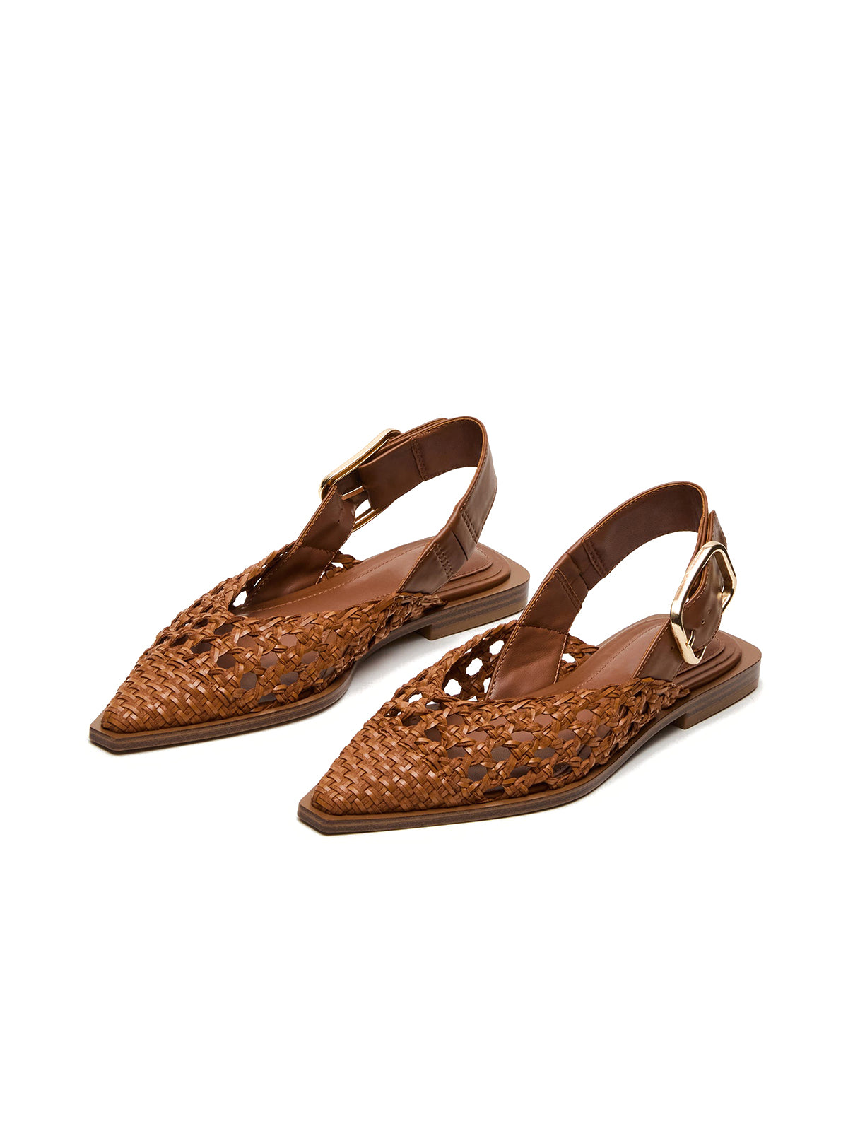 Cognac Woven Pointed-Toe Big Slingback Flats
