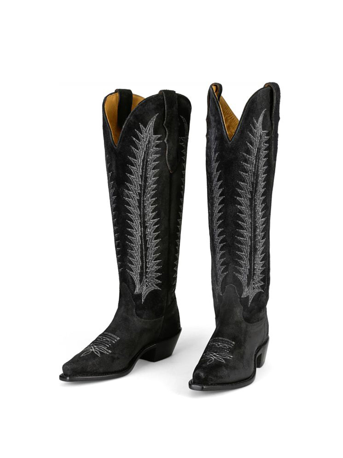 Black Faux Suede Snip-Toe Wide Calf Embroidery Knee High Cowgirl Boots