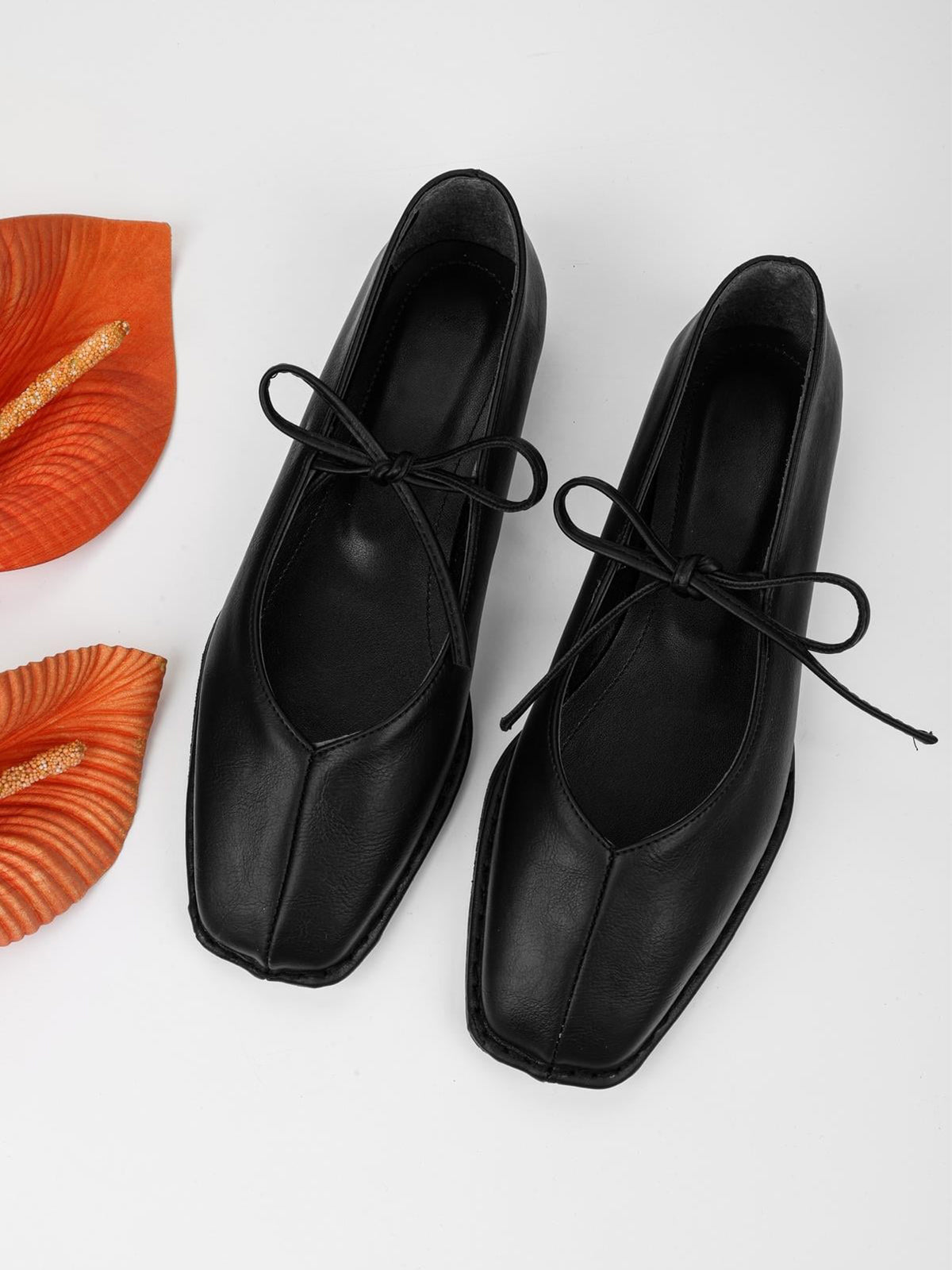 Black Square-Toe Classic Bridge Strap Slip-On Stylish Flats