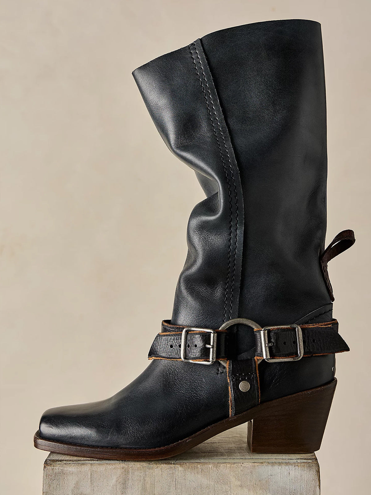 Washed Black Square-Toe Western Mid Calf Cowgirl Boots