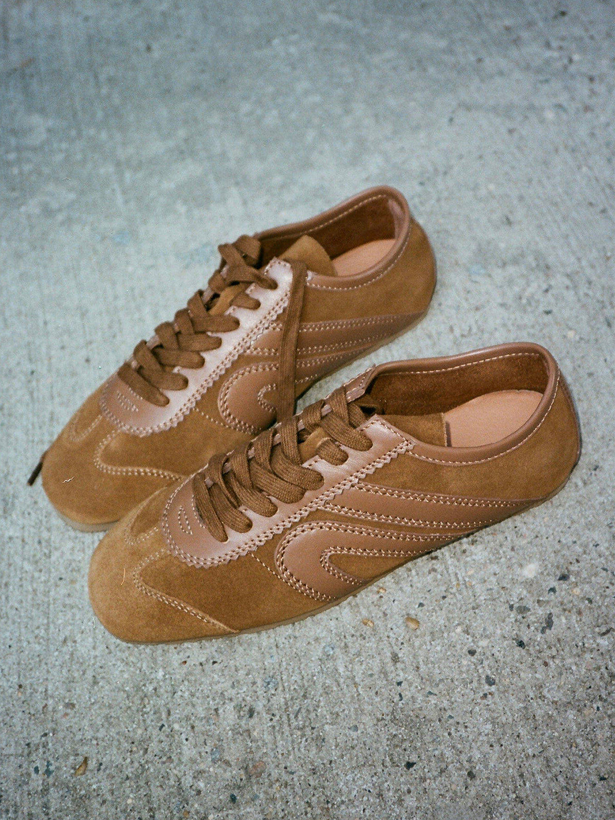 Mocha Faux Suede Round-Toe Lace-Up Classic Sneakers Flats