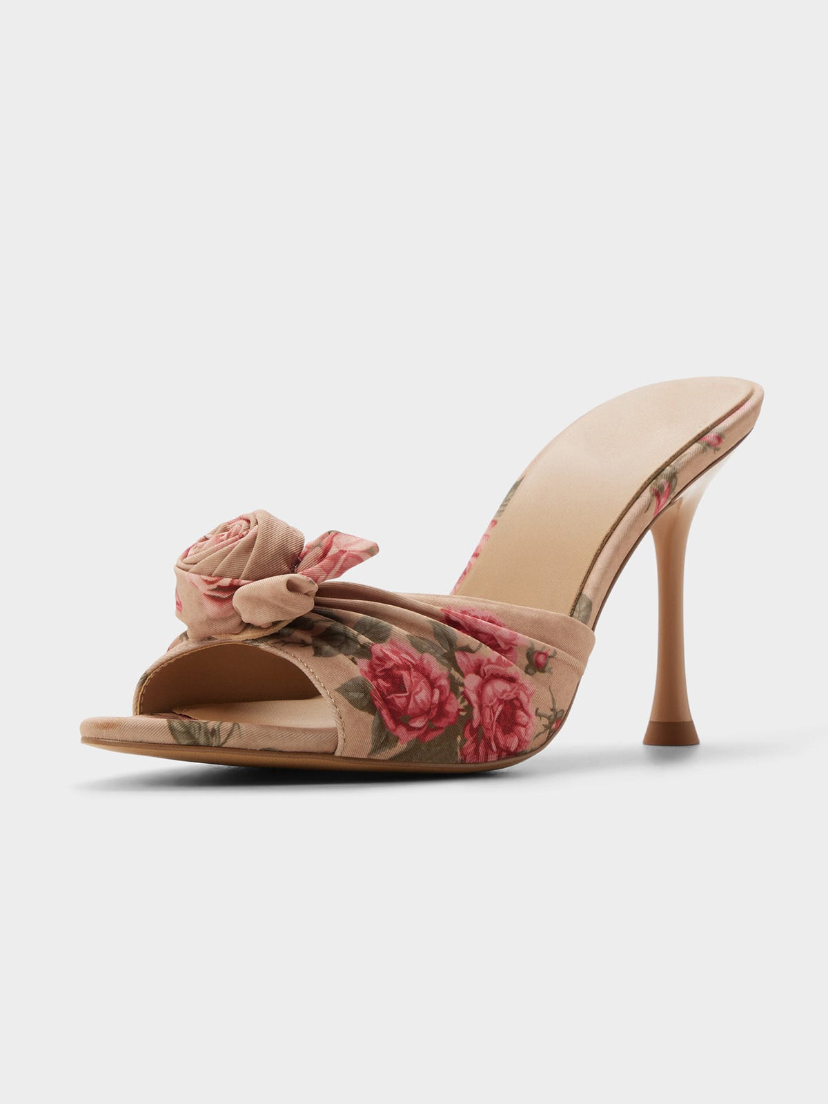 Beige Satin Peep Round-Toe Front Rose Detail Slip-On High Heels